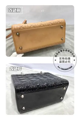 Dior beige patent Lady Dior bag recoloured black 3