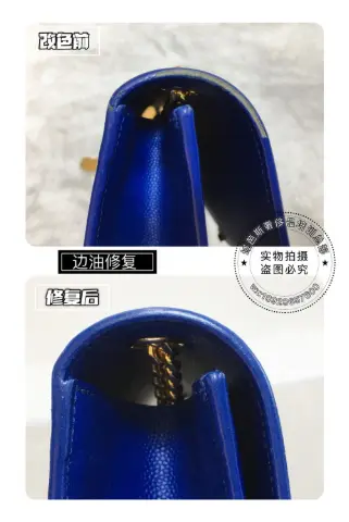 Blue handbag corner edge-paint repair