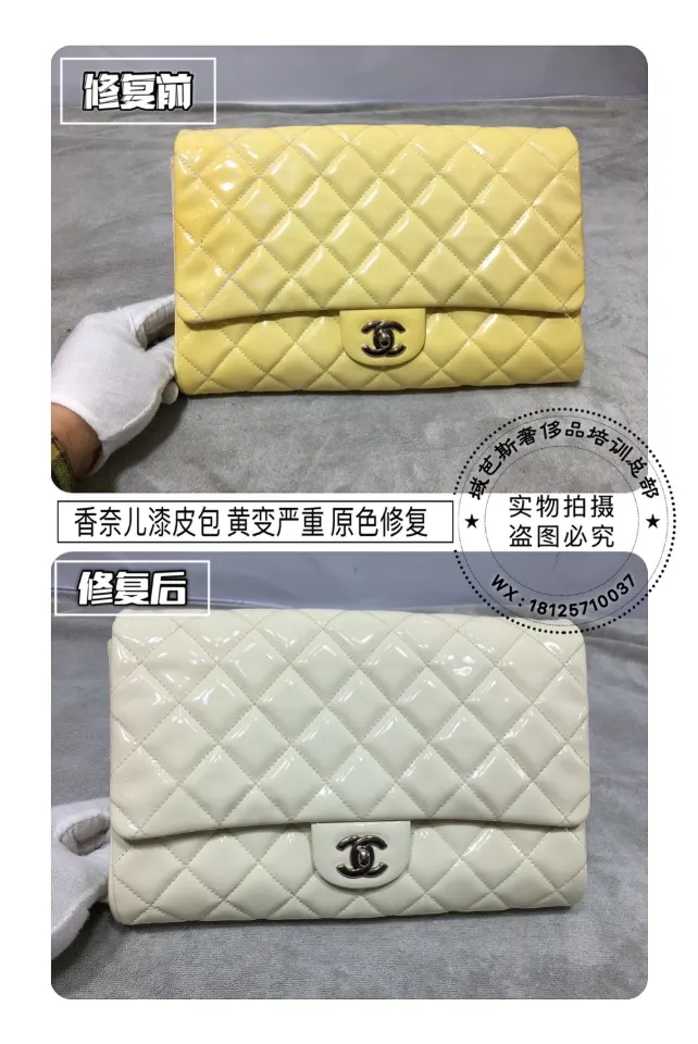 Chanel yellow patent chain bag recoloured white