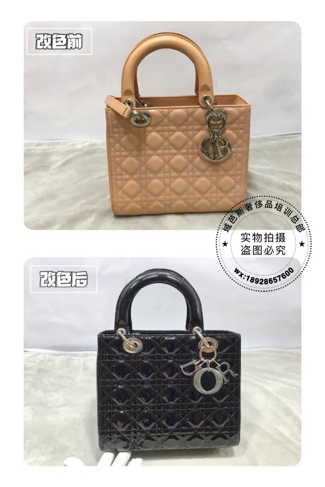 Dior beige patent Lady Dior bag recoloured black