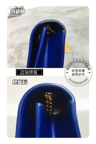 Blue handbag corner edge-paint repair 2